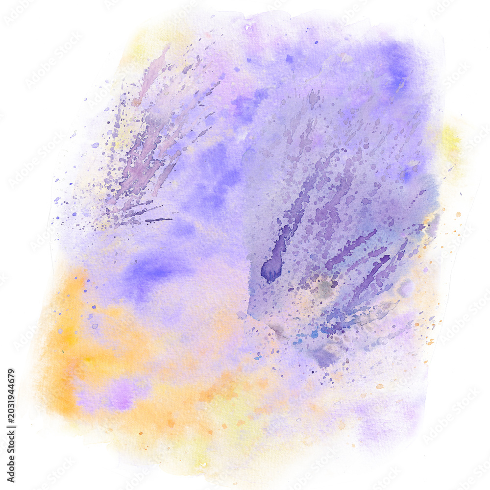 Fototapeta premium Abstract watercolor landscape with lavender bushes in mist and golden sunlight. Hand painted atmospheric background with paper texture for Provence decor and fine art poster