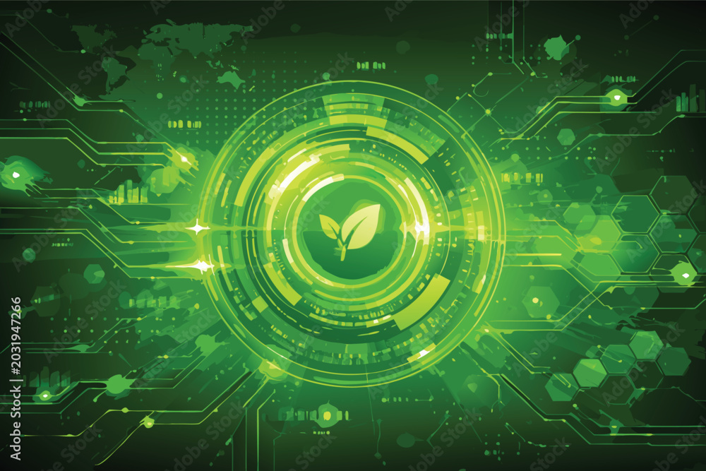 Fototapeta premium Green Futuristic Technology Background with Digital Circuits, Glowing Interface Elements, Abstract Leaf Icon for Eco-Friendly Sustainability, Renewable Energy, and Global Environmental Innovation.