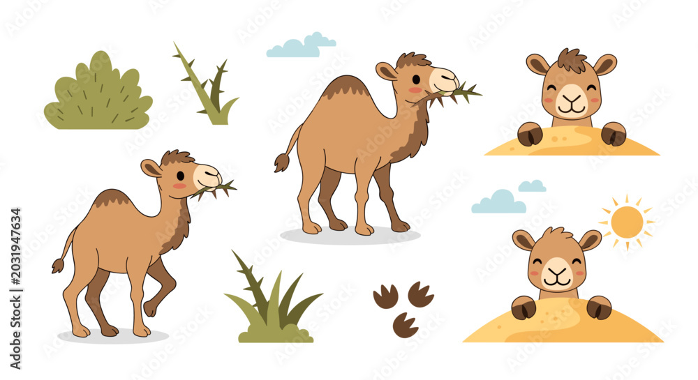 Fototapeta premium Set of cute camels in desert landscape, isolated elements for gaming, sand dunes, sun, dry bushes and tracks, vector illustration