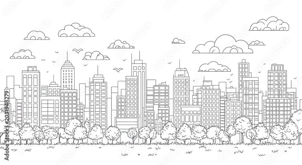Obraz premium HD monochrome city illustration with modern skyscrapers and park wallpaper
