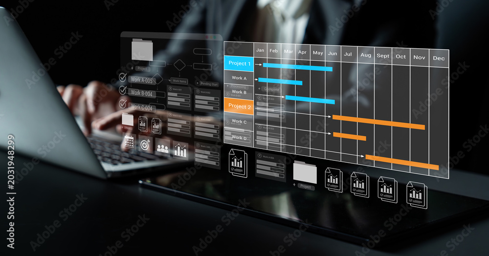 Fototapeta premium Project tracking system with Gantt chart and workflow elements for business scheduling and task management Parse