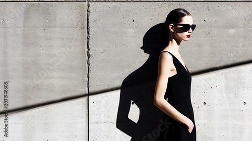 A woman in sunglasses and dress poses against a stark concrete wall with strong shadows
