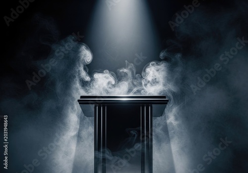 Dramatic podium spotlighted in a dark smoky environment for presentation or display