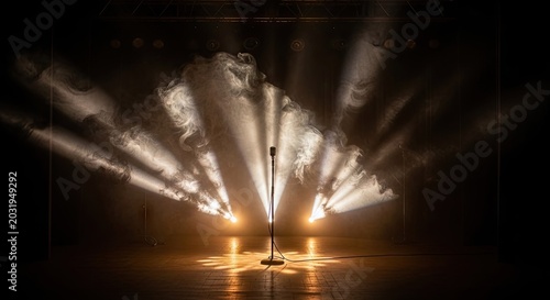 Dramatic stage mic illuminated by spotlights with smoke and dark backdrop