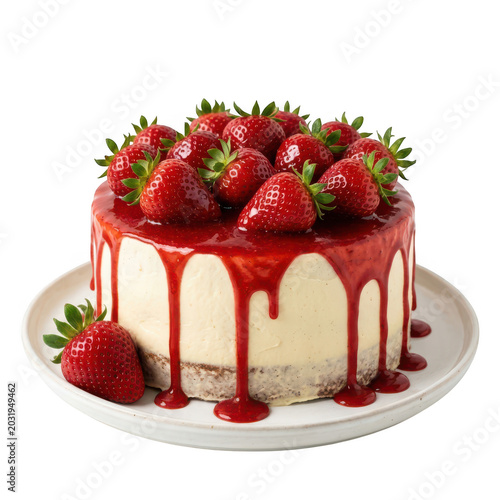 Gourmet strawberry cheesecake with red glaze isolated on transparent background