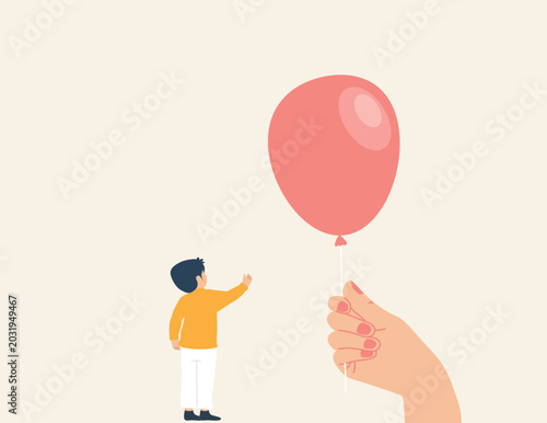 Child needs care and support from adults. A big hand gives a balloon to a young boy. Trust and support from parents, teachers, and friends. Vector illustration