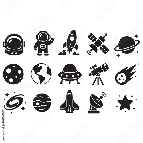 Space exploration icon set in black silhouette style featuring astronaut, rocket, satellite, planets, telescope, UFO, galaxy, comet, and stars isolated on a white background