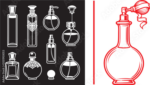 Bild auf Leinwand Perfume bottle vector icons set with vintage atomizer spray and various glass bo