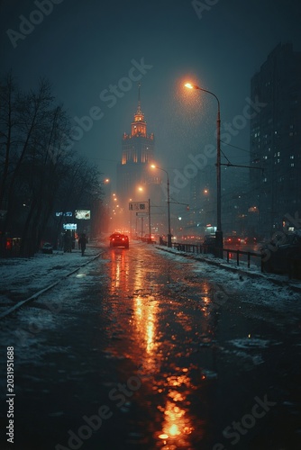 Rainy Cityscape at Night - Reflections and Urban Atmosphere.