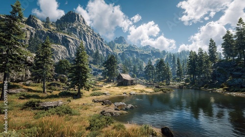 Scenic Mountain Lake Landscape with Cabin and Forest.