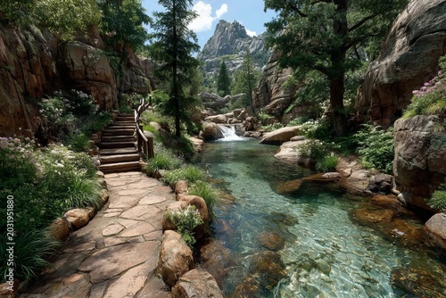 Scenic Mountain Stream and Forest Path - A Tranquil Nature Escape.
