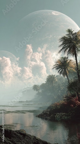 Serene Tropical Beach Landscape with Giant Moon and Lush Vegetation.