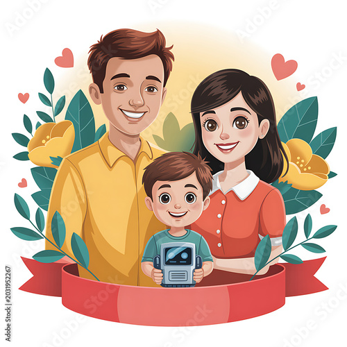 A cartoon illustration of a happy family with a child holding a robot toy surrounded by flowers and hearts on a white background