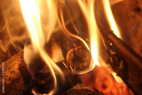 Close Up of Firewood Burning with Golden Flames in a Traditional Stove