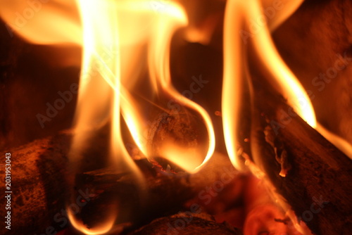 Close Up of Firewood Burning with Golden Flames in a Traditional Stove