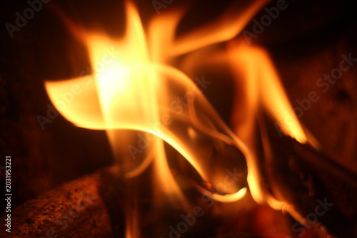 Close Up of Firewood Burning with Golden Flames in a Traditional Stove