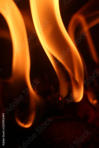 Close Up of Firewood Burning with Golden Flames in a Traditional Stove