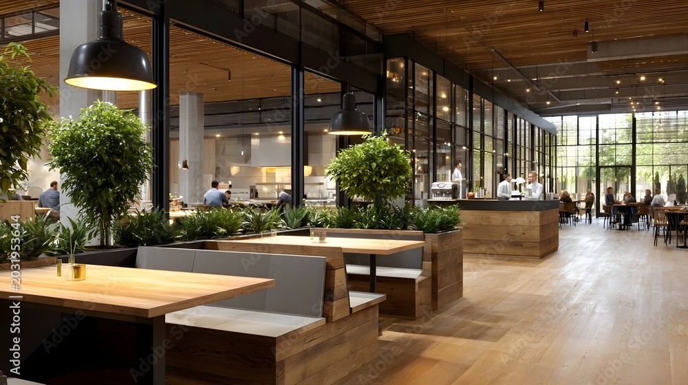 Fototapeta premium A modern interior space features large glass partitions decorated with lush potted plants and wooden architectural elements
