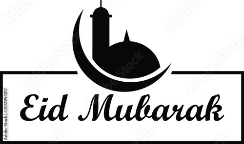 Canvas Print Eid mubarak label with crescent moon and mosque silhouette for religious celebration art