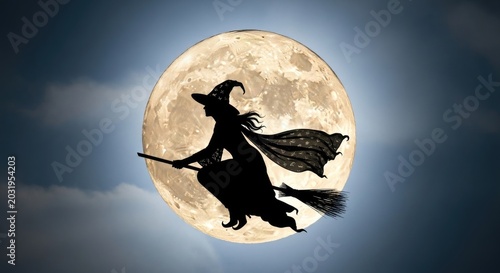 Witch Silhouette Flying on Broomstick in Front of Full Moon