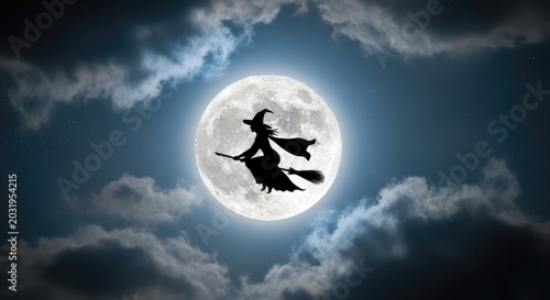 Witch Silhouette Flying on Broomstick in Front of Full Moon