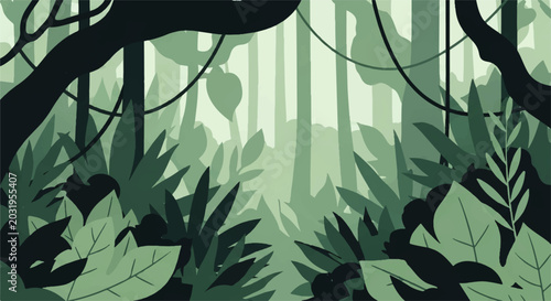 Tableau sur toile Vector flat design illustration of a dense jungle with lush green foliage and ta
