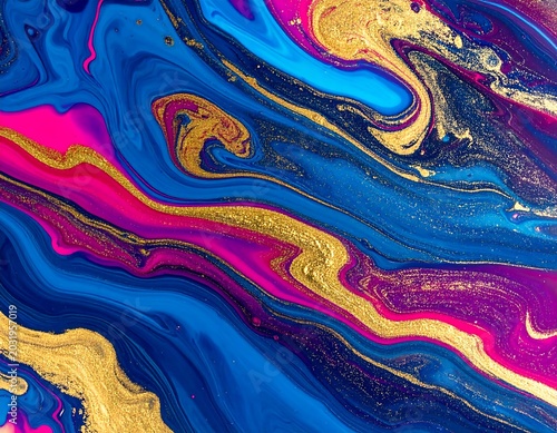 Abstract fluid art texture with vibrant blue pink and gold swirls