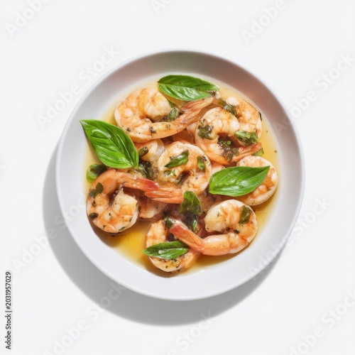 Delicious and Flavorful Cooked Shrimp Garnished with Fresh Basil in a White Bowl