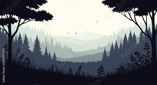 Fotografie Vector flat design illustration of a serene misty forest landscape with layers o