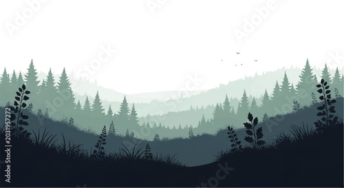 Serene misty forest landscape in vector flat design illustration style with layered evergreen trees and subtle fog