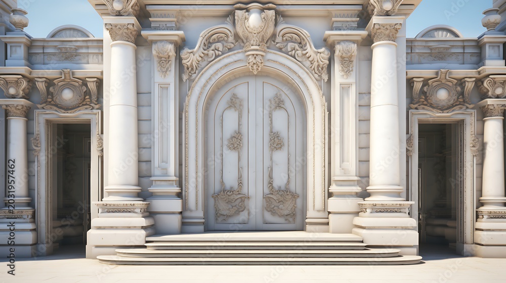 Fototapeta premium Neoclassical white marble facade with grand carved doors and majestic architectural columns.