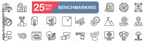 Benchmarking set of web icons in line style. vector illustration concept relate to comparison, performance, standard, measurement, analysis