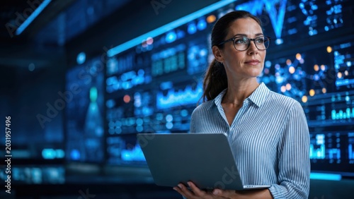 Female Engineer in Data Center Looking at Server Racks with Laptop.