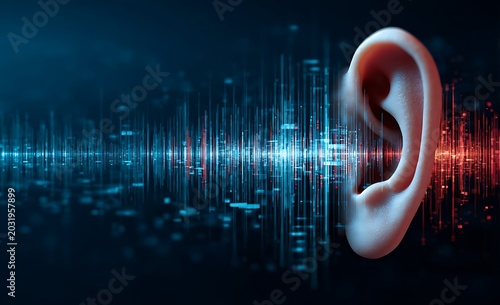 Ear with sound waves on blue.