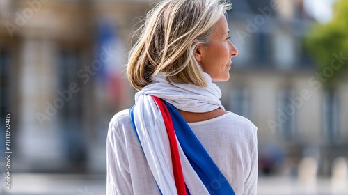 Rear view of a mature woman in a French tricolor sash posing outside a historic town hall, elected official concept, French municipal photography, women in local government
