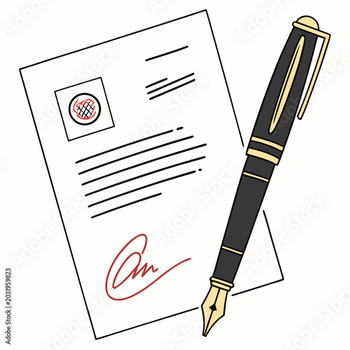 Photos Signed contract document and fountain pen a flat vector illustration with a whit