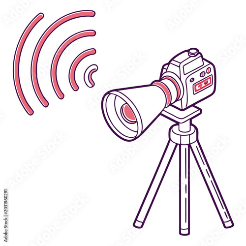 Fotografi Digital single lens reflex camera on tripod with broadcast waves vector illustra