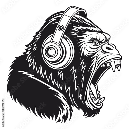 Canvas Print Vector illustration of an angry gorilla wearing headphones a black and white gra