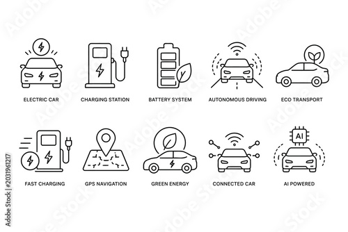 Electric car line art icon set. EV charging station, smart autopilot, green energy, and autonomous driving vector infographic icons.