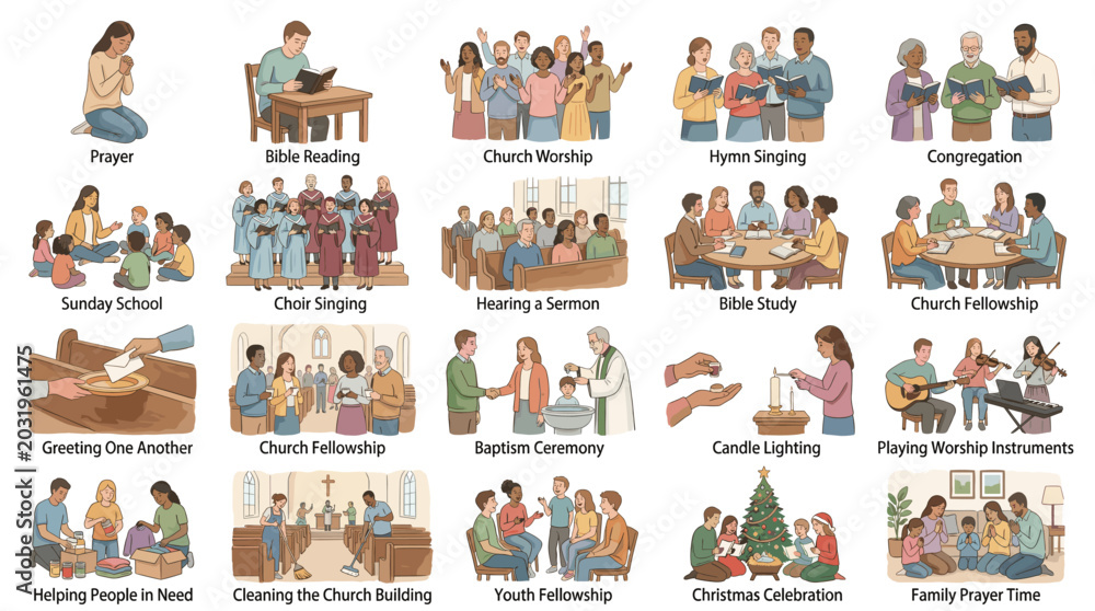 Fototapeta premium Collection of diverse people participating in church activities like praying reading bibles singing hymns attending sunday school and celebrating christmas in flat vector style.