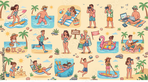 Set of diverse people enjoying summer beach activities. Characters surfing swimming sunbathing playing volleyball and relaxing on vacation. Tropical holiday lifestyle flat vector illustration.