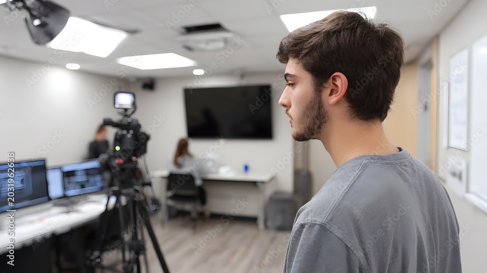 Fototapeta premium A person stands in a bright modern office environment looking toward a large window in a professional workspace setting