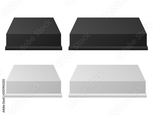 Blank square pedestals in black and white on white background. 3D-style vector square pedestals and product display stages for product mockups, e-commerce banners, exhibition stand concepts