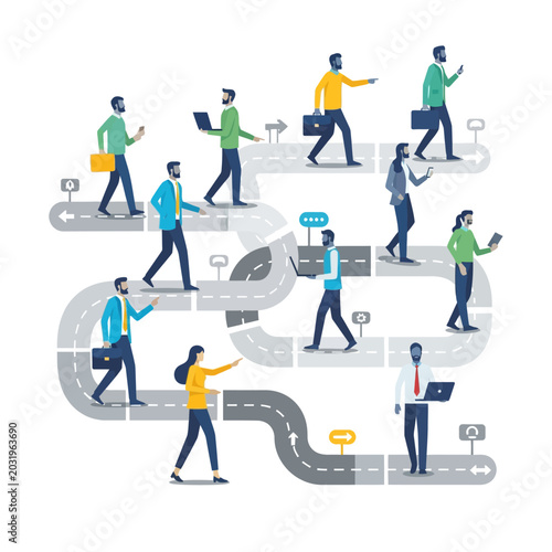 Business people navigating complex path illustration