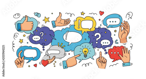 Valokuva Hands with speech bubbles and icons.