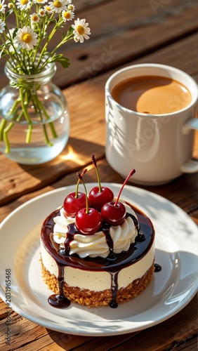 dessert white plate cup coffee background dessert appears cheesecake layer whipped cream three cherries top plate drizzled chocolate sauce small vase white daisies table next plate background wooden