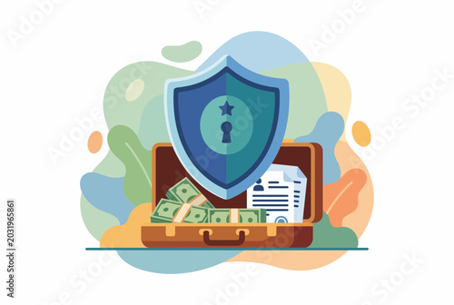 Financial Security Shield Protecting Money and Documents in Briefcase