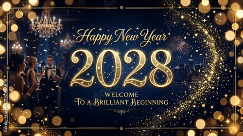 Happy New Year 2028 celebration with fireworks and golden sparkles in dark night sky background
