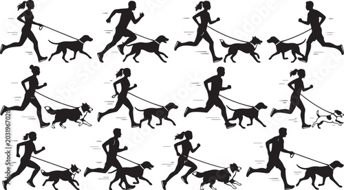Tableau sur toile Black silhouettes of people running with their dogs on leashes in various dynami