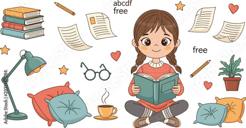 Konstfotografi Cute Cartoon Girl Reading Book Surrounded by Study Elements Cozy Home Learning V